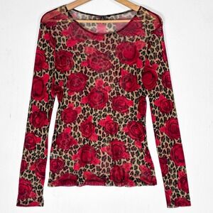 Express Y2K Mesh Top Red Rose Leopard Print Womens L Long Sleeve Sheer Blouse